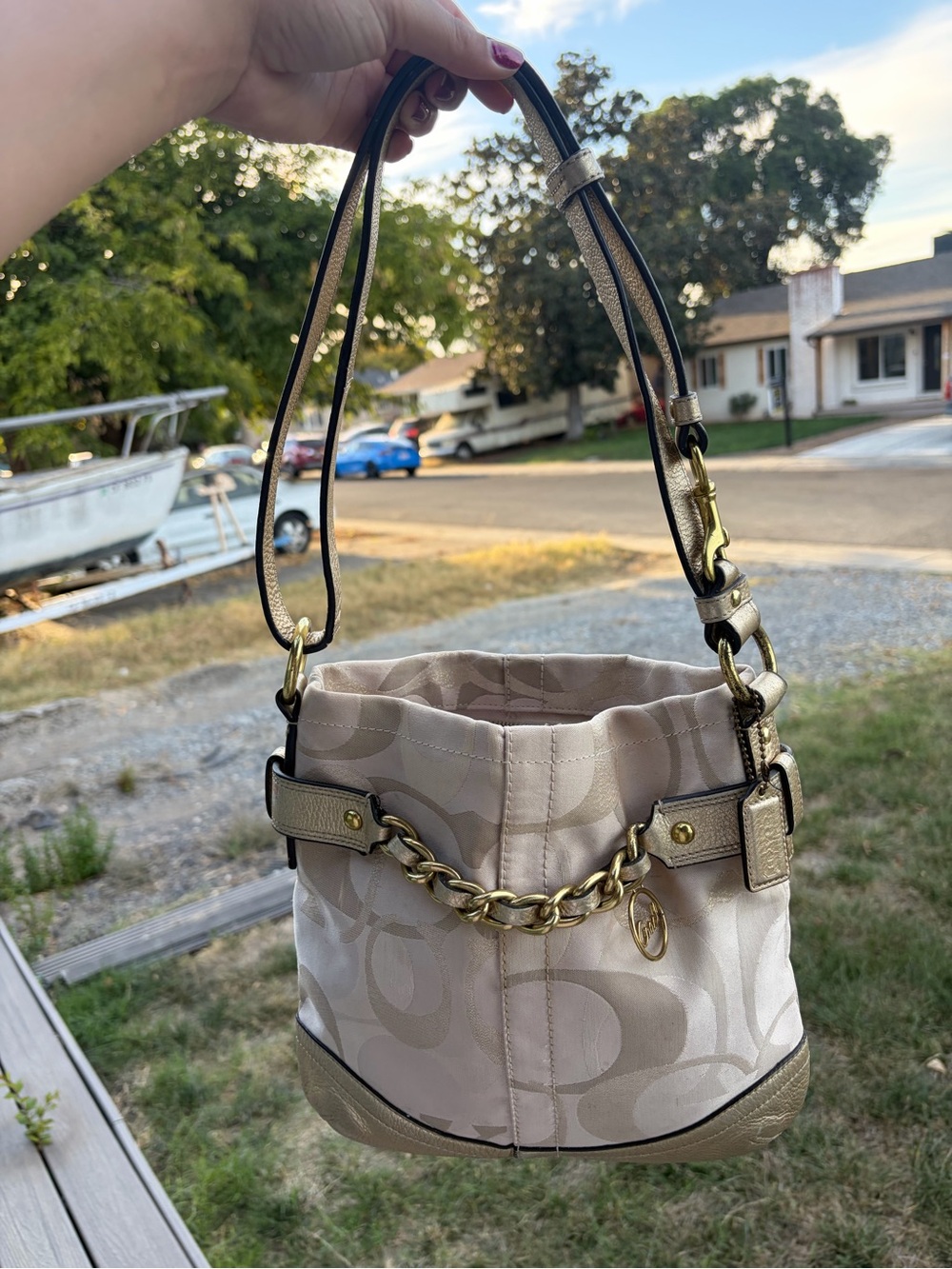 Coach Beige Signature Canvas Shoulder Bucket Bag with Gold Hardware